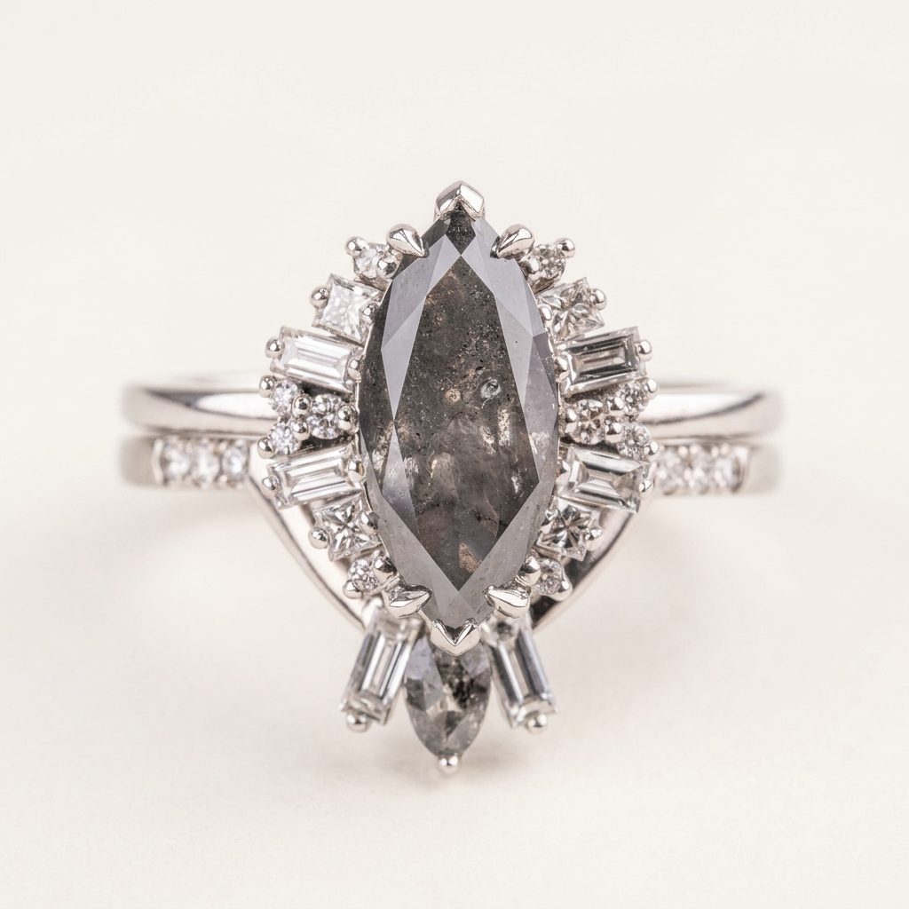 1.45 CT Marquise & Round Cut Salt and Pepper Diamond Cluster Ring