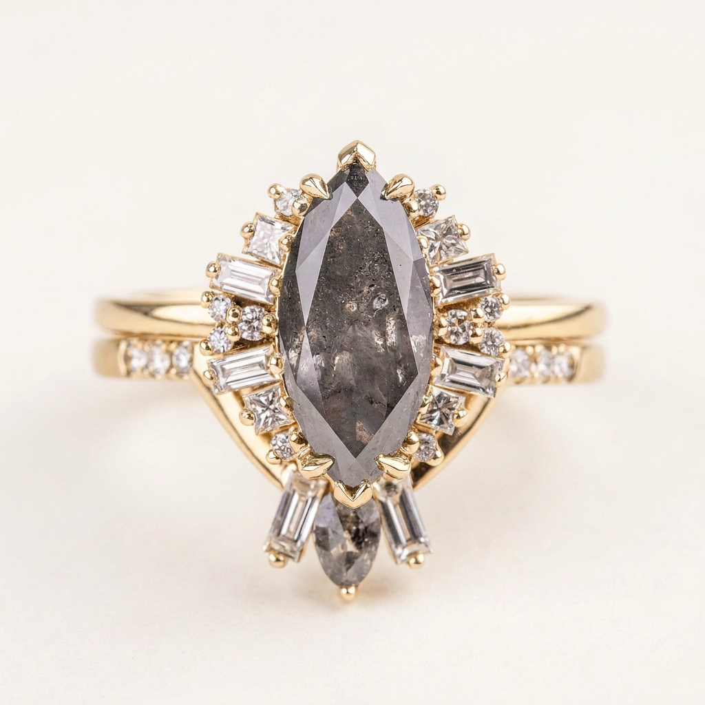 1.45 CT Marquise & Round Cut Salt and Pepper Diamond Cluster Ring