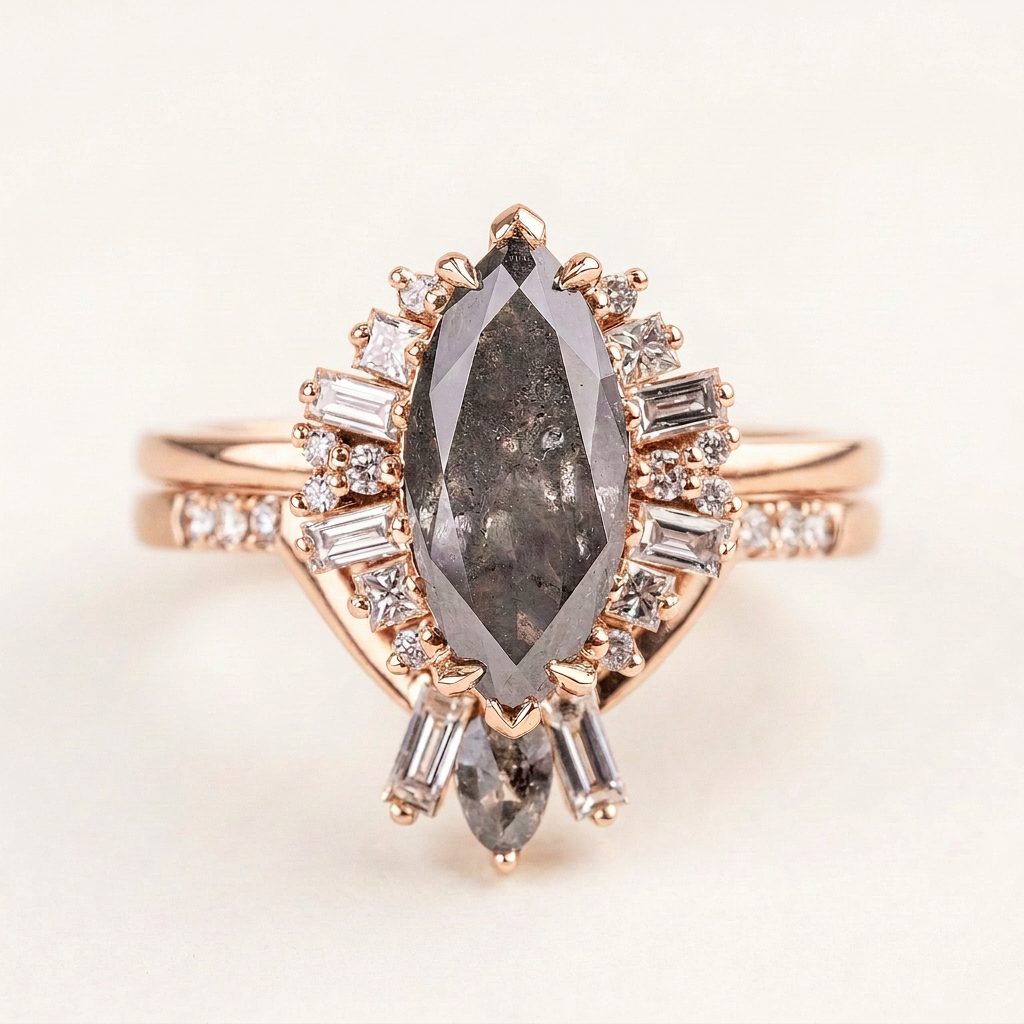 1.45 CT Marquise & Round Cut Salt and Pepper Diamond Cluster Ring