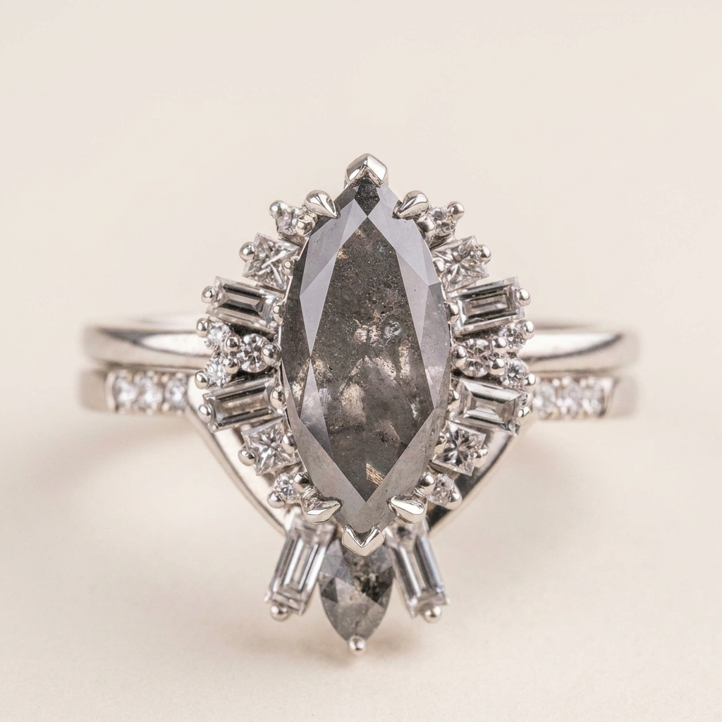 1.90 CT Marquise & Round Cut Salt and Pepper Diamond Cluster Ring