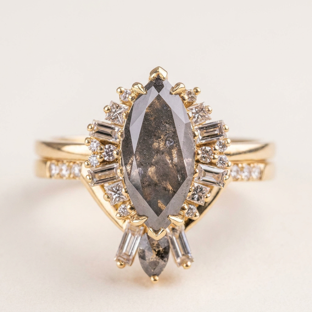 1.90 CT Marquise & Round Cut Salt and Pepper Diamond Cluster Ring