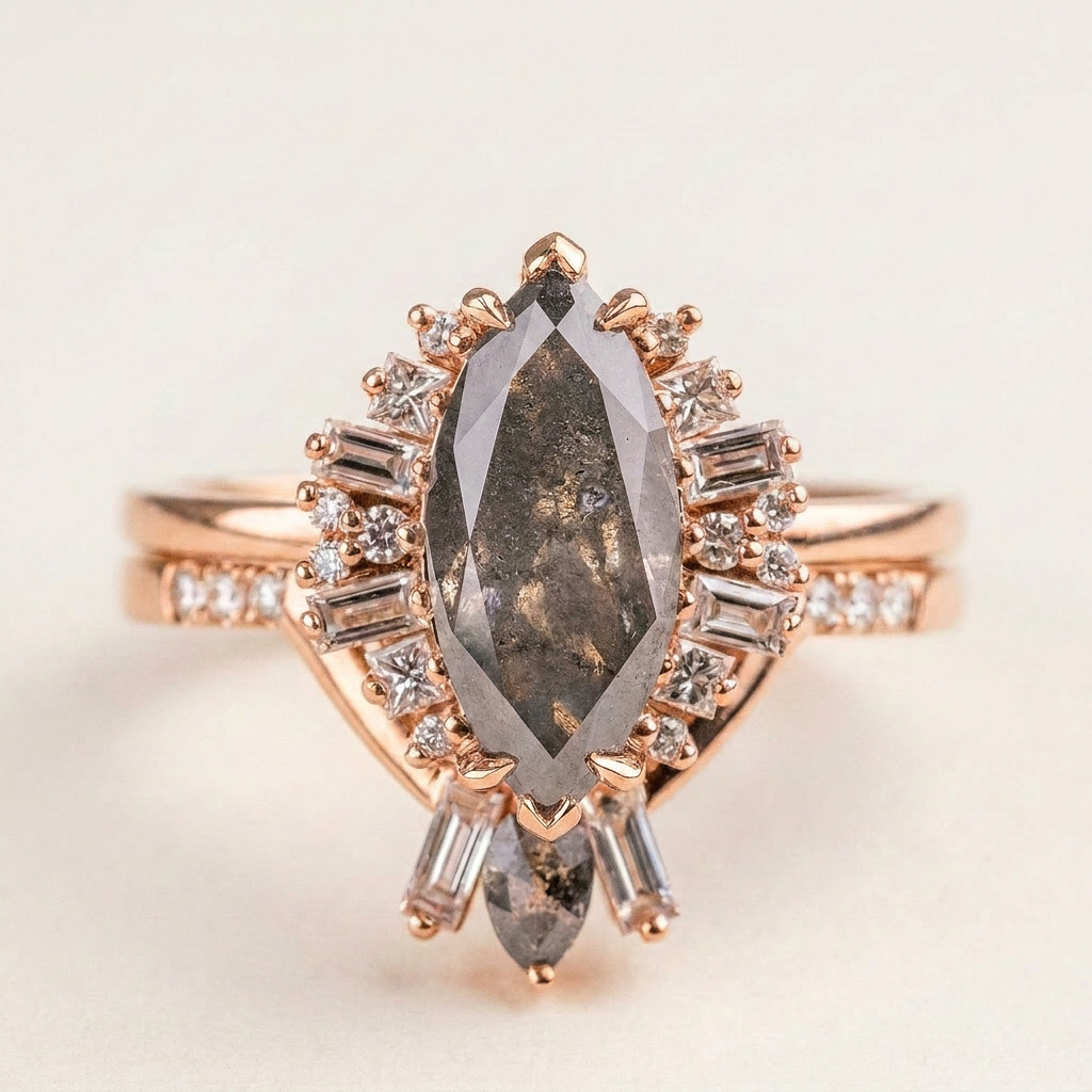 1.90 CT Marquise & Round Cut Salt and Pepper Diamond Cluster Ring