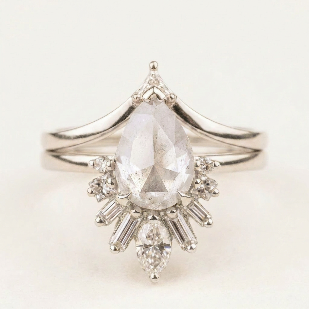1.60 CT Pear & Round Cut Salt and Pepper Diamond Cluster Ring