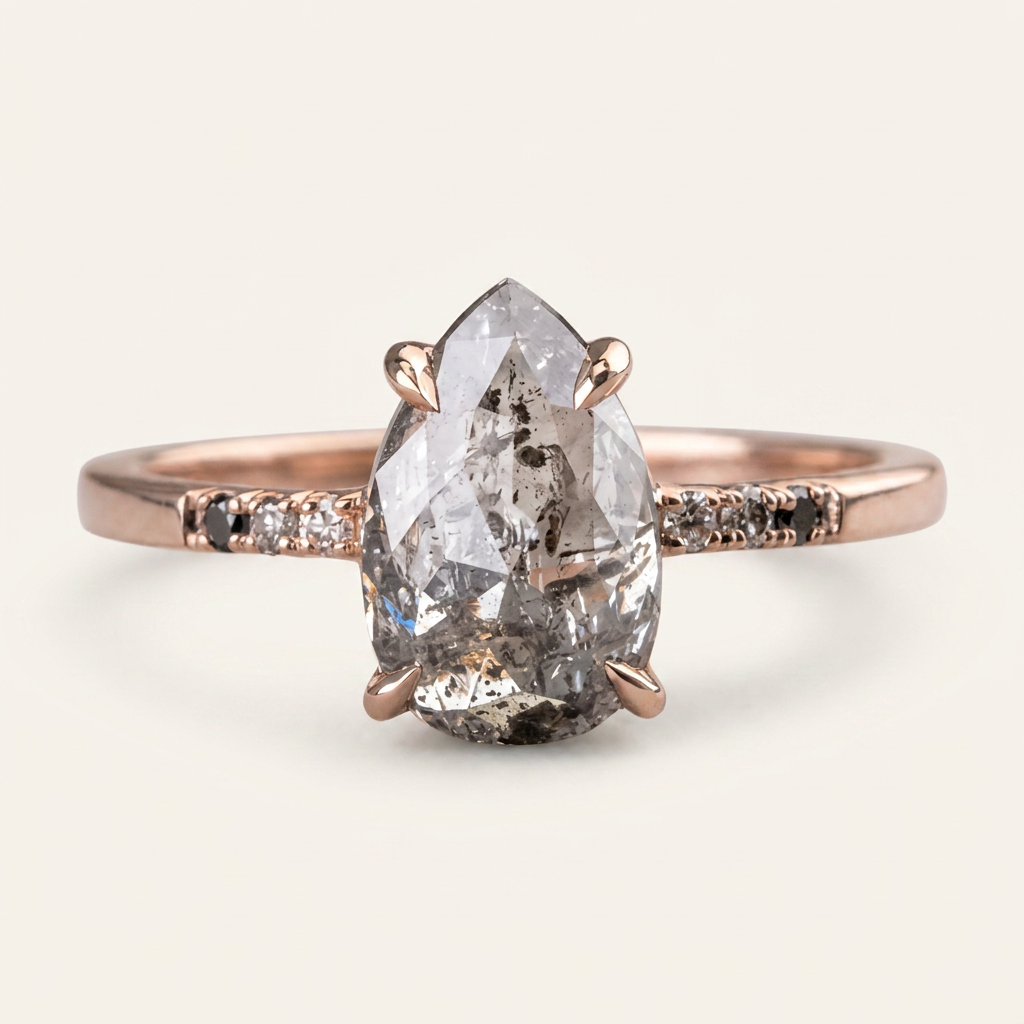 1.25 CT Pear Cut Salt and Pepper Diamond Solitaire Ring (V1)