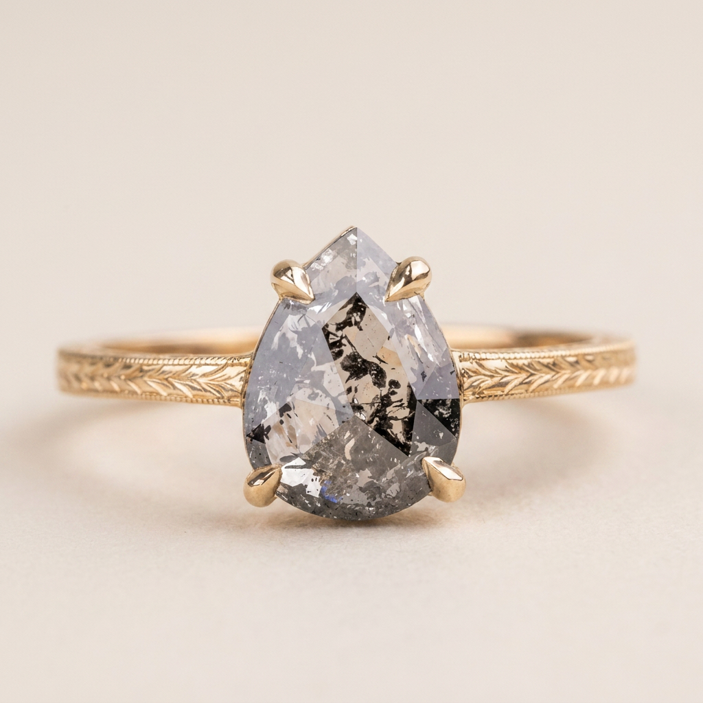1.70 CT Pear Cut Salt and Pepper Diamond Solitaire Ring (V1)