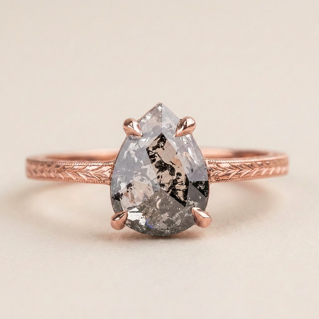 1.70 CT Pear Cut Salt and Pepper Diamond Solitaire Ring (V1)