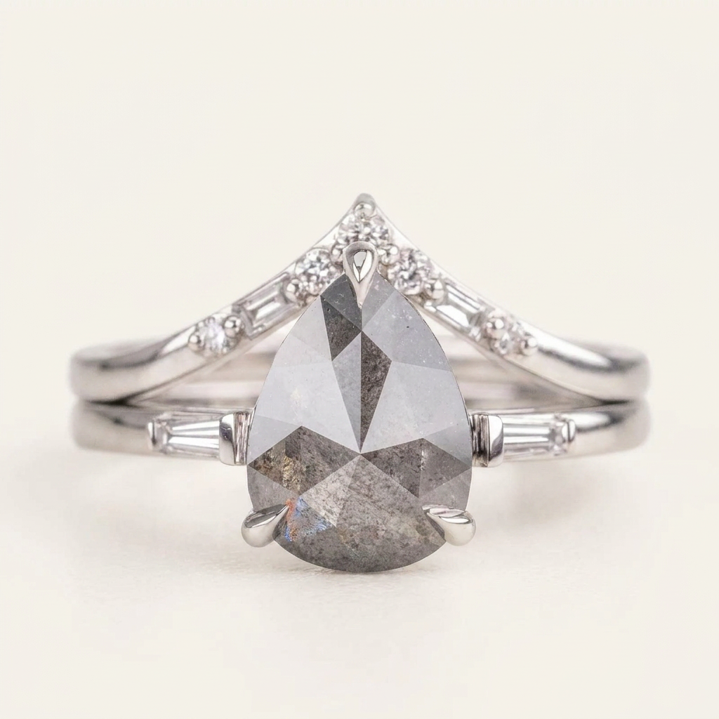 1.80 CT Pear & Baguette Cut Salt and Pepper Diamond Three Stone Ring