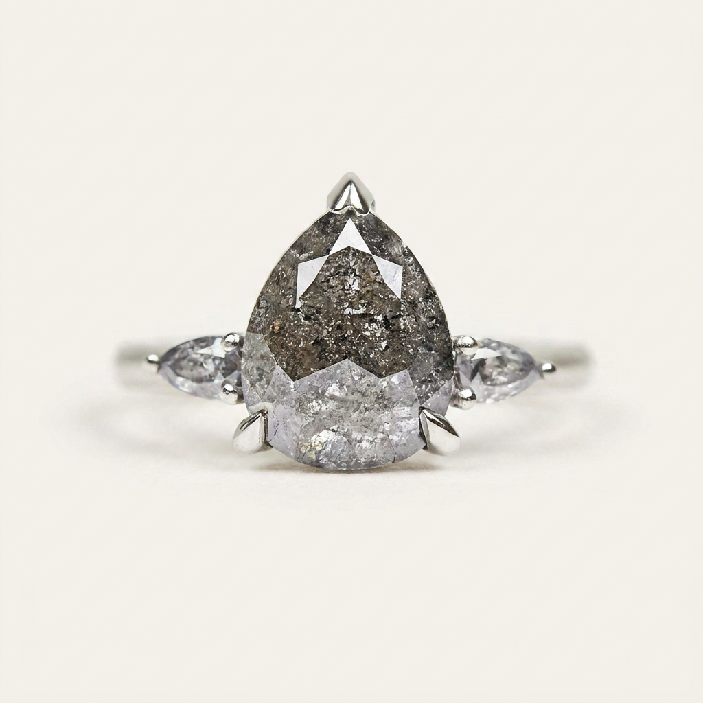 2.18 CT Pear Cut Salt and Pepper Diamond Three Stone Ring