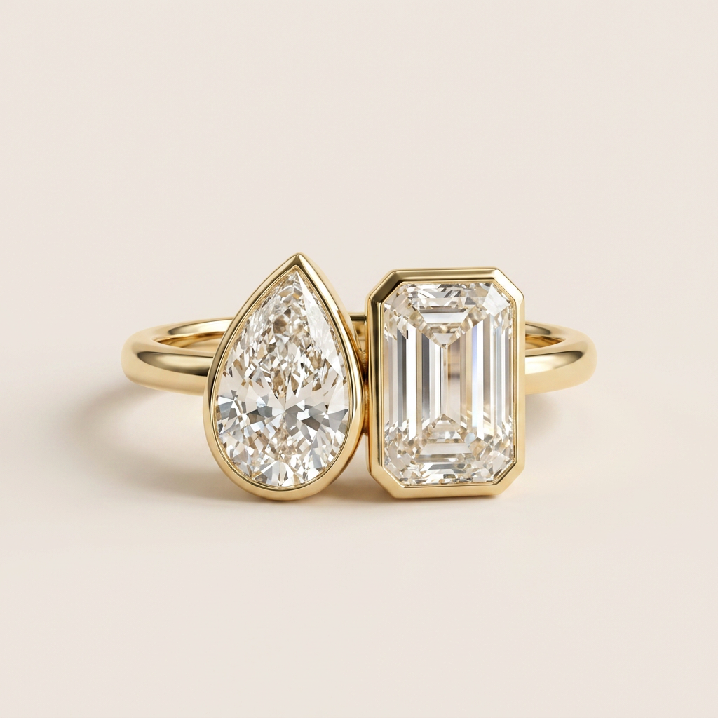 Moissanite 2.00 CT Pear & Emerald Cut Diamond Toi Et Moi Ring