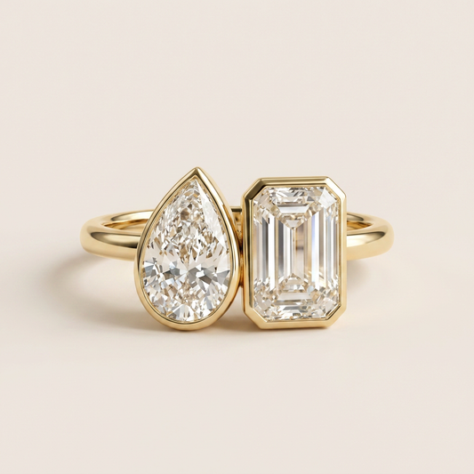 Moissanite 2.00 CT Pear & Emerald Cut Diamond Toi Et Moi Ring