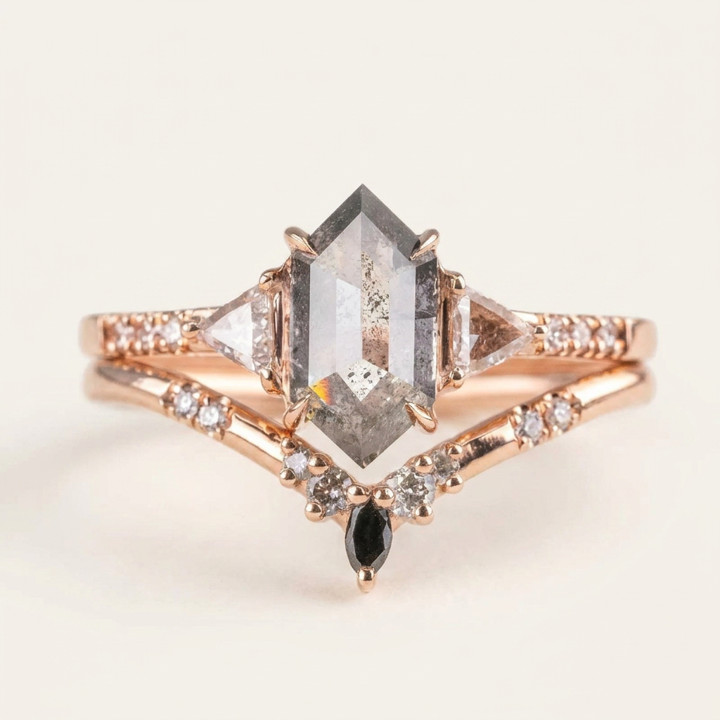 1.65 CT Hexagon & Round Cut Salt and Pepper Diamond Three Stone Ring (V-Artdeco)