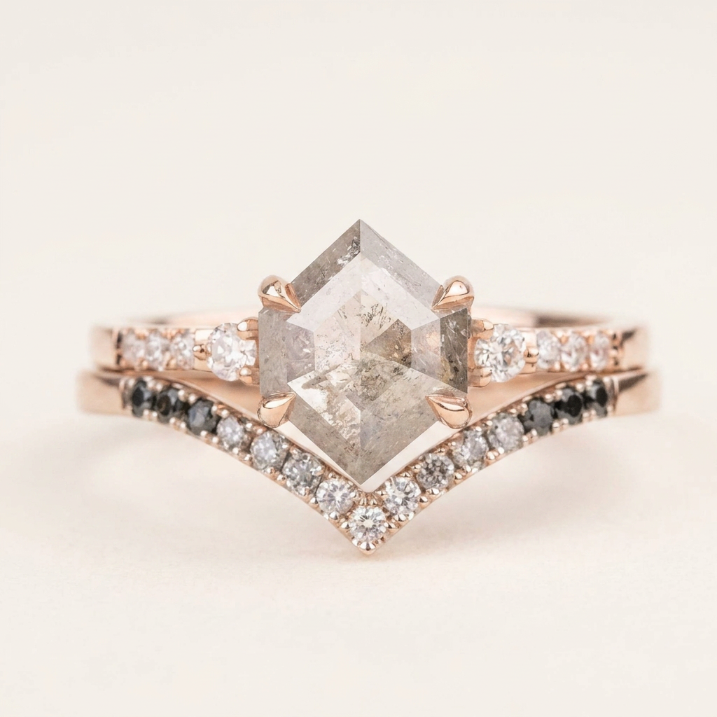 1.65 CT Hexagon & Round Cut Salt and Pepper Diamond Three Stone with Side Stones Ring