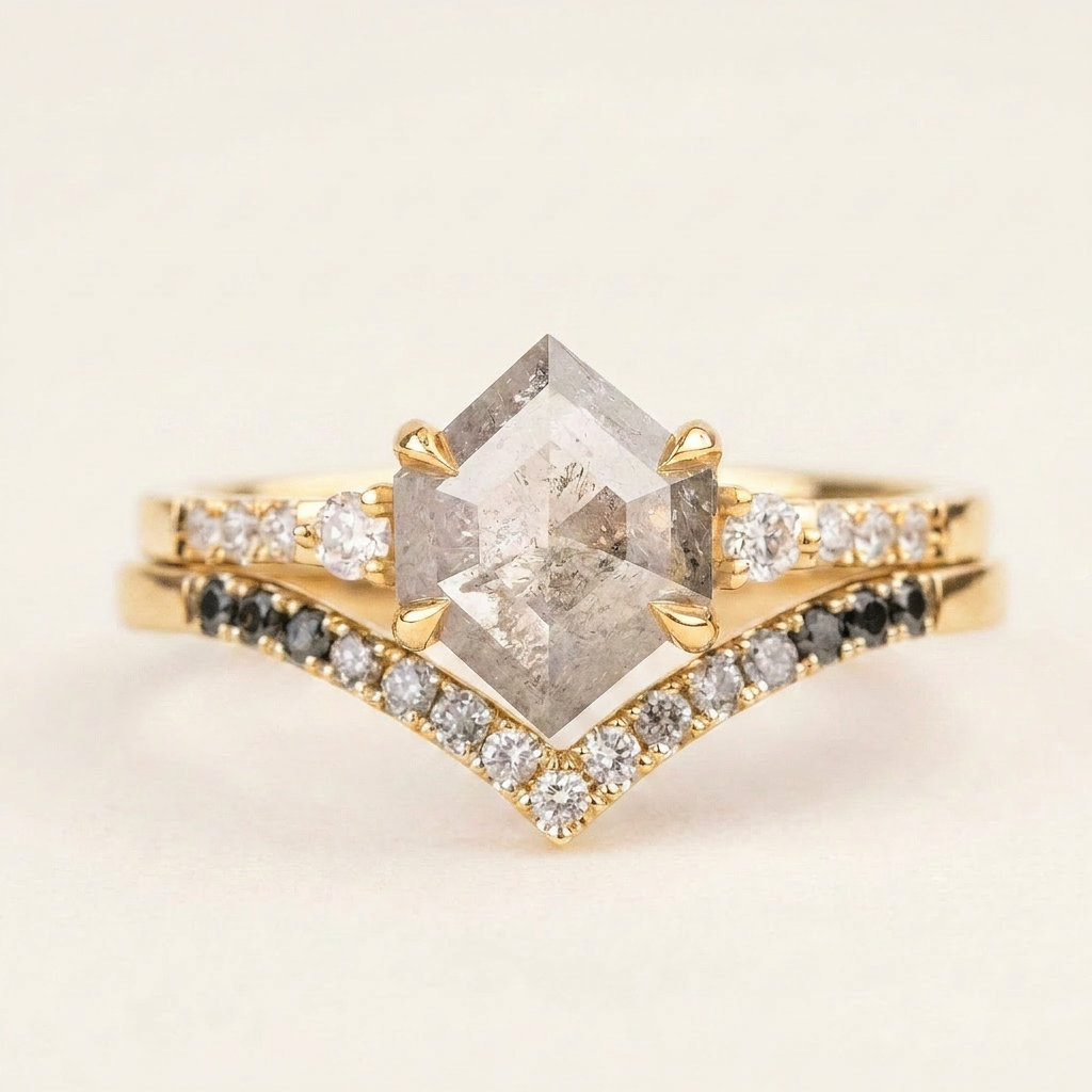 1.65 CT Hexagon & Round Cut Salt and Pepper Diamond Three Stone with Side Stones Ring
