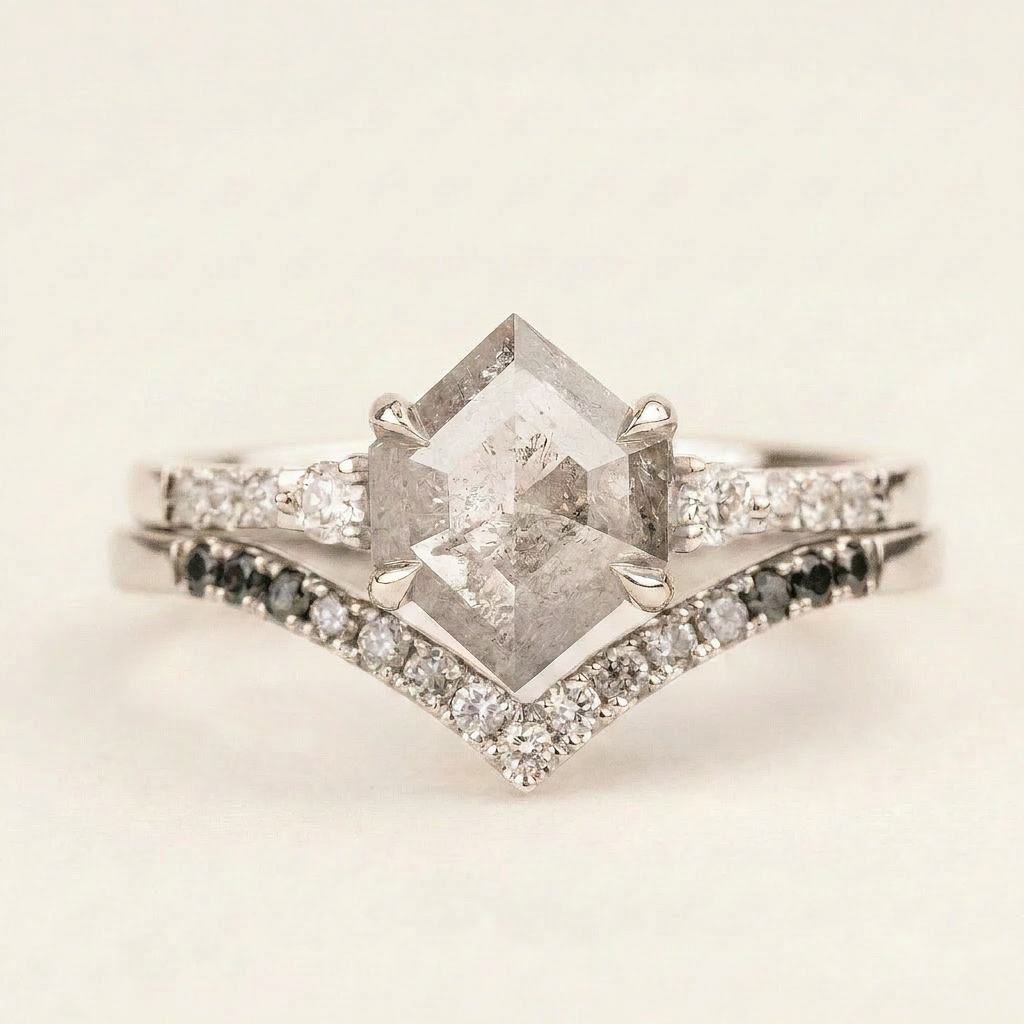 1.65 CT Hexagon & Round Cut Salt and Pepper Diamond Three Stone with Side Stones Ring