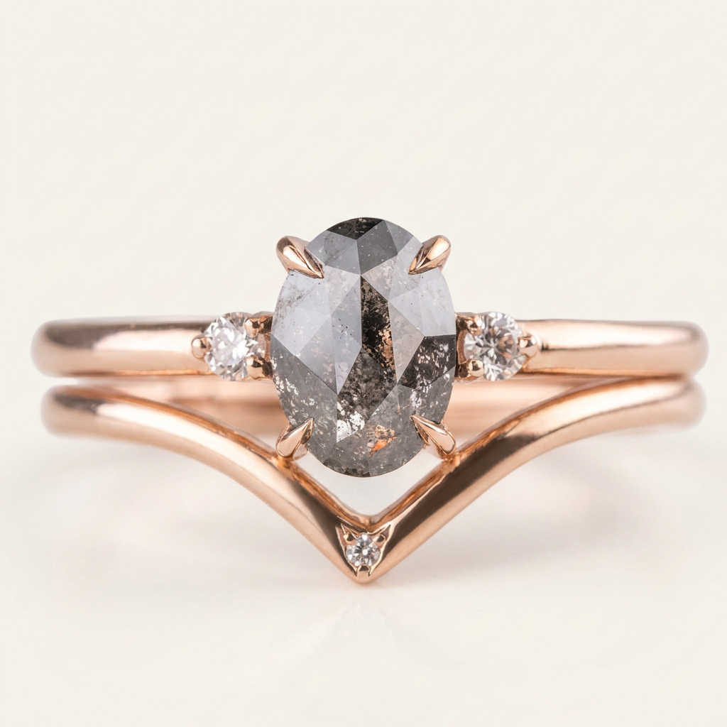 1.30 CT Oval & Round Cut Salt and Pepper Diamond Three Stone Ring