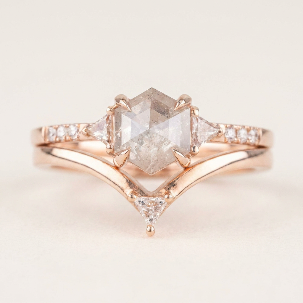1.50 CT Hexagon & Triangle Cut Salt and Pepper Diamond Three Stone Ring (V-Artdeco)