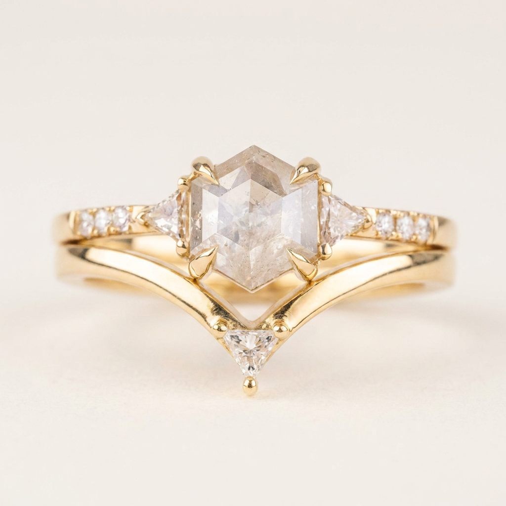 1.50 CT Hexagon & Triangle Cut Salt and Pepper Diamond Three Stone Ring (V-Artdeco)