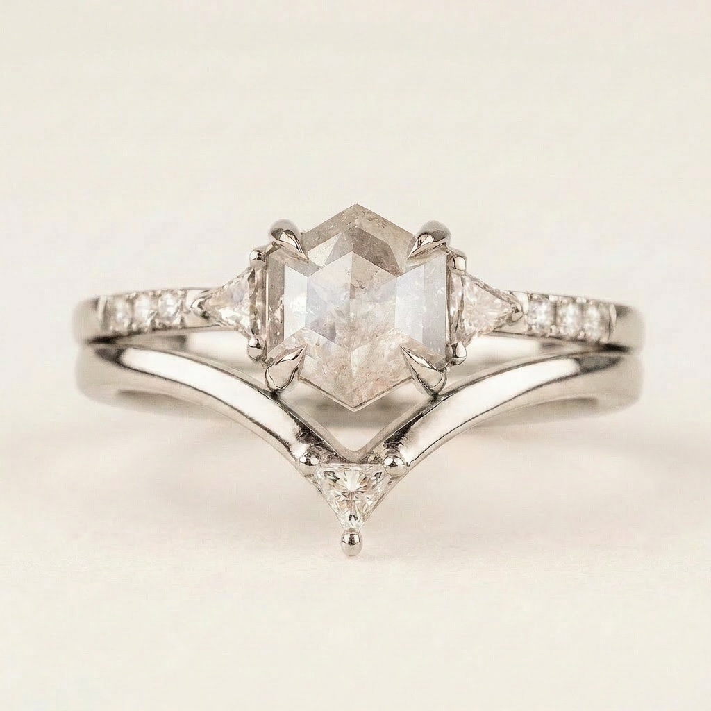 1.50 CT Hexagon & Triangle Cut Salt and Pepper Diamond Three Stone Ring (V-Artdeco)