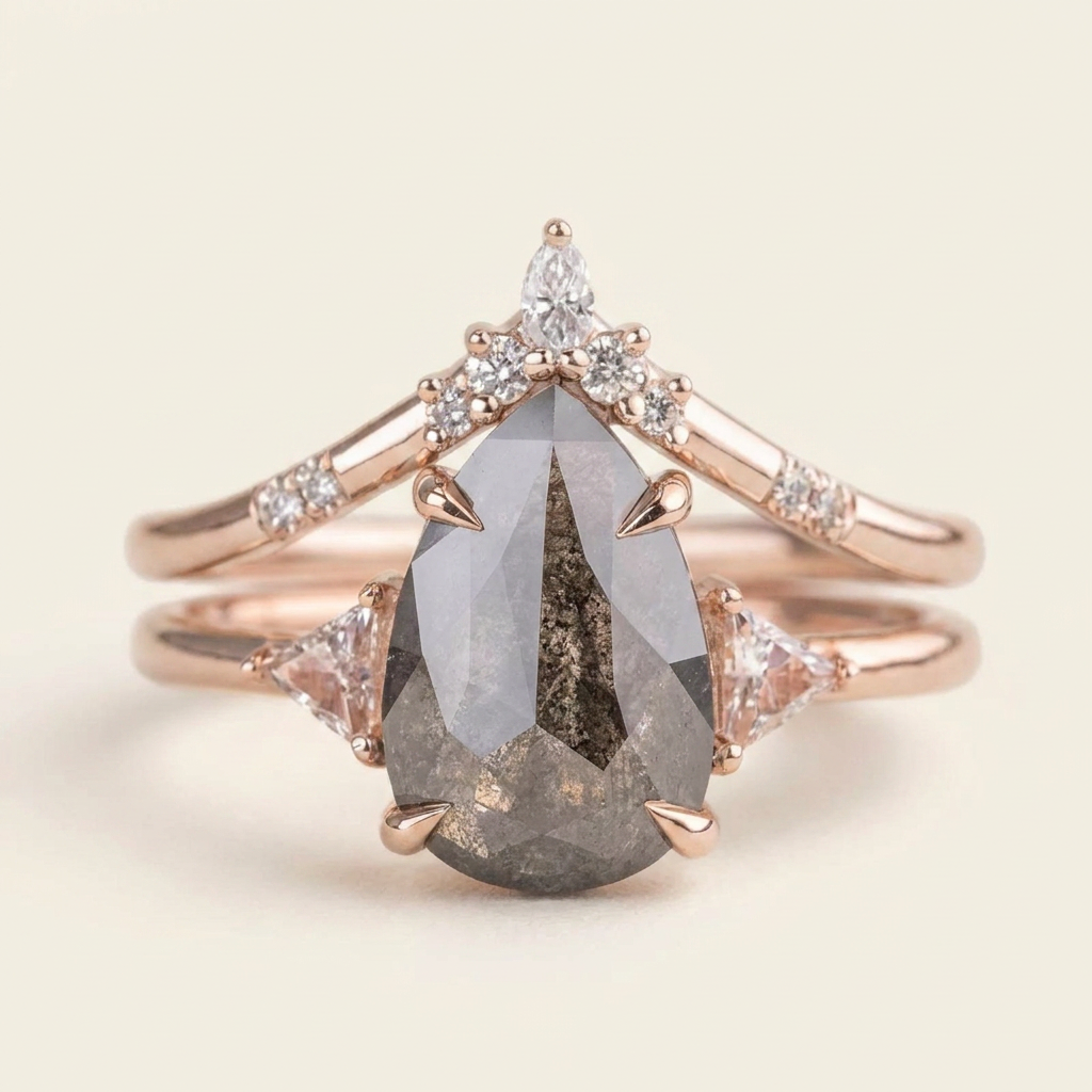 1.65 CT Pear & Triangle Cut Salt and Pepper Diamond Three Stone Ring
