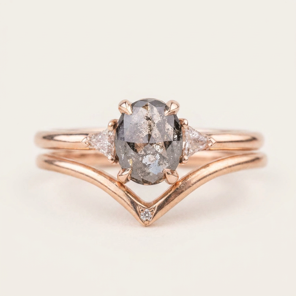 1.75 CT Oval & Triangle Cut Salt and Pepper Diamond Three Stone Ring