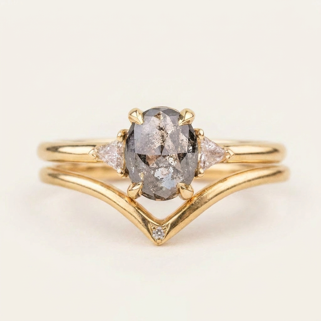 1.75 CT Oval & Triangle Cut Salt and Pepper Diamond Three Stone Ring