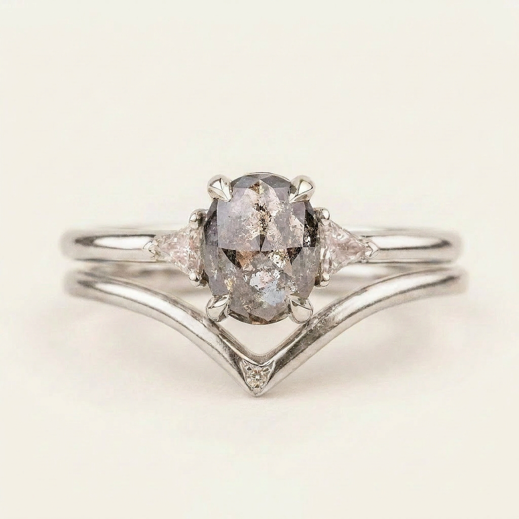1.75 CT Oval & Triangle Cut Salt and Pepper Diamond Three Stone Ring