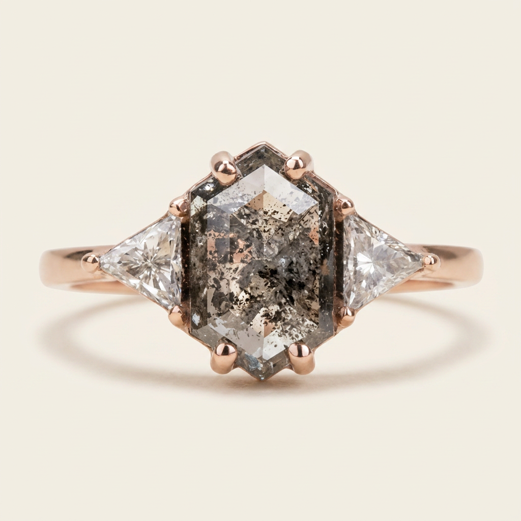 1.90 CT Hexagon & Triangle Cut Salt and Pepper Diamond Three Stone Ring