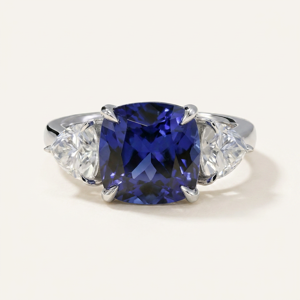 Moissanite 4.13 CT Cushion & Pear Cut Diamond Three Stone Ring