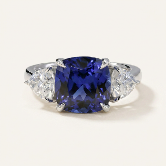 Moissanite 4.13 CT Cushion & Pear Cut Diamond Three Stone Ring