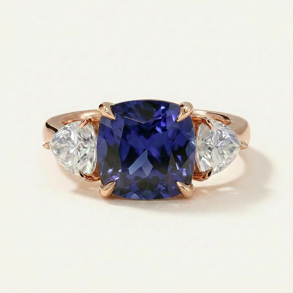 Moissanite 4.13 CT Cushion & Pear Cut Diamond Three Stone Ring