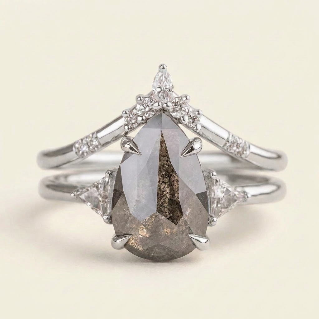 1.65 CT Pear & Triangle Cut Salt and Pepper Diamond Three Stone Ring