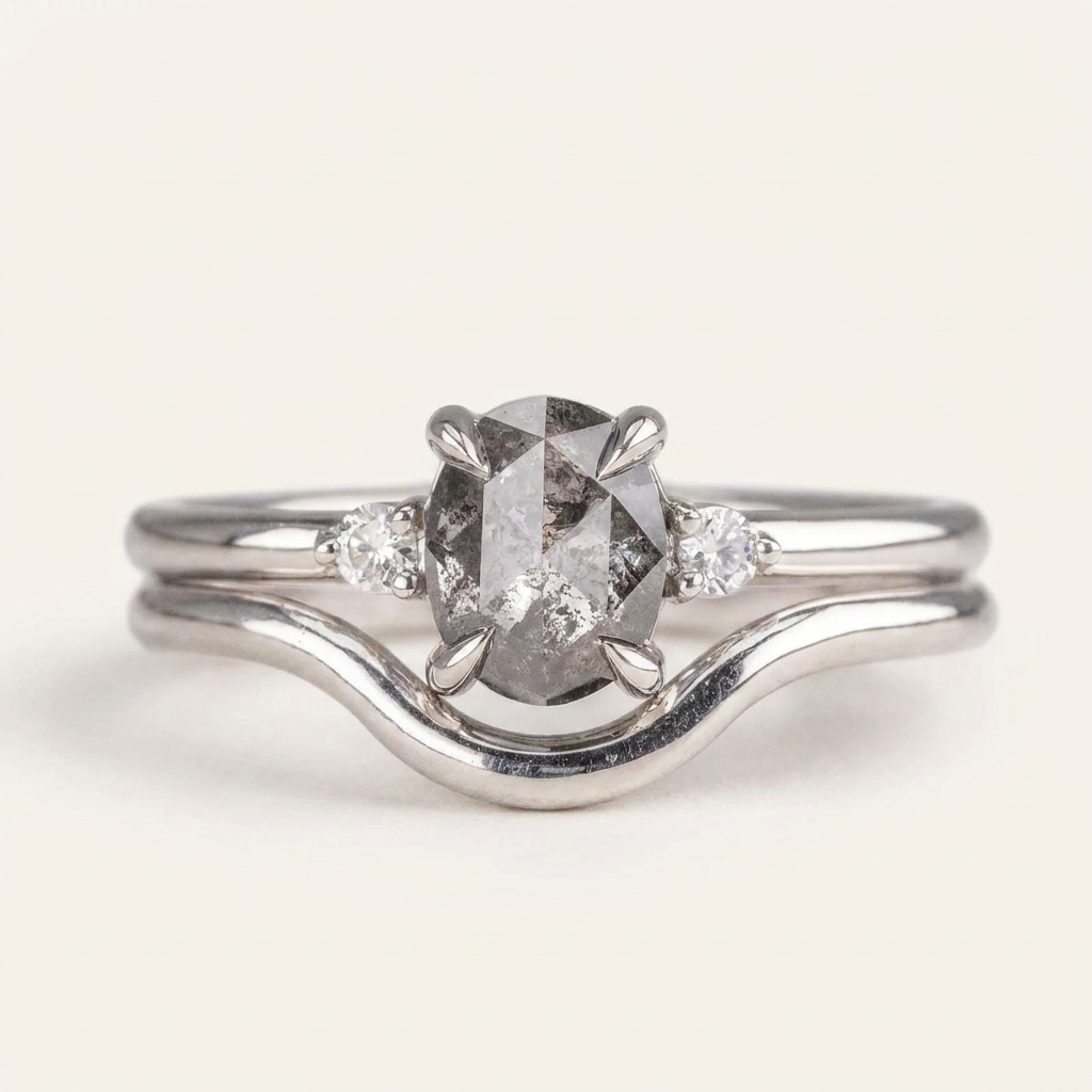 1.45 CT Oval & Round Cut Salt and Pepper Diamond Three Stone Ring