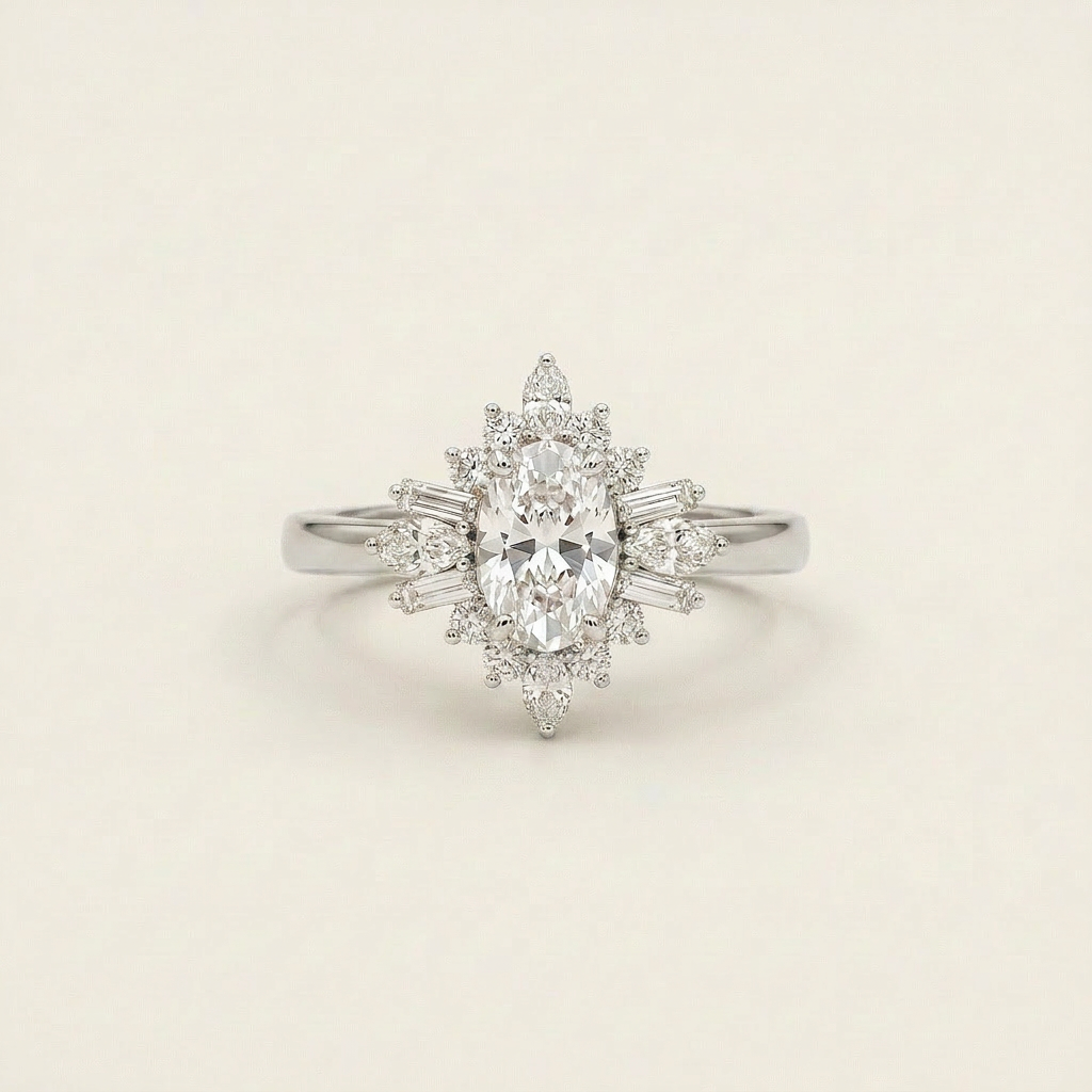 Moissanite 2.15 CT Oval & Round Cut Diamond Cluster Ring