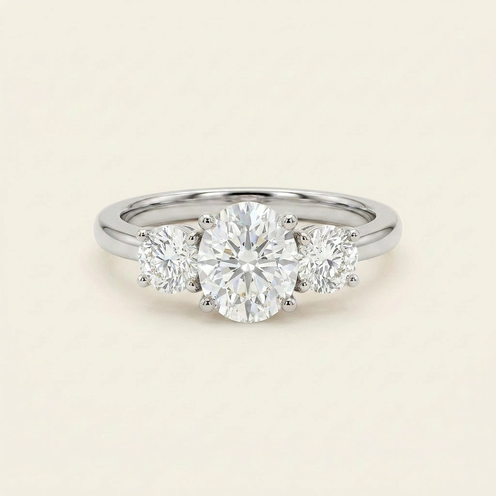 Moissanite 1.91 CT Oval & Round Cut Diamond Three Stone Ring