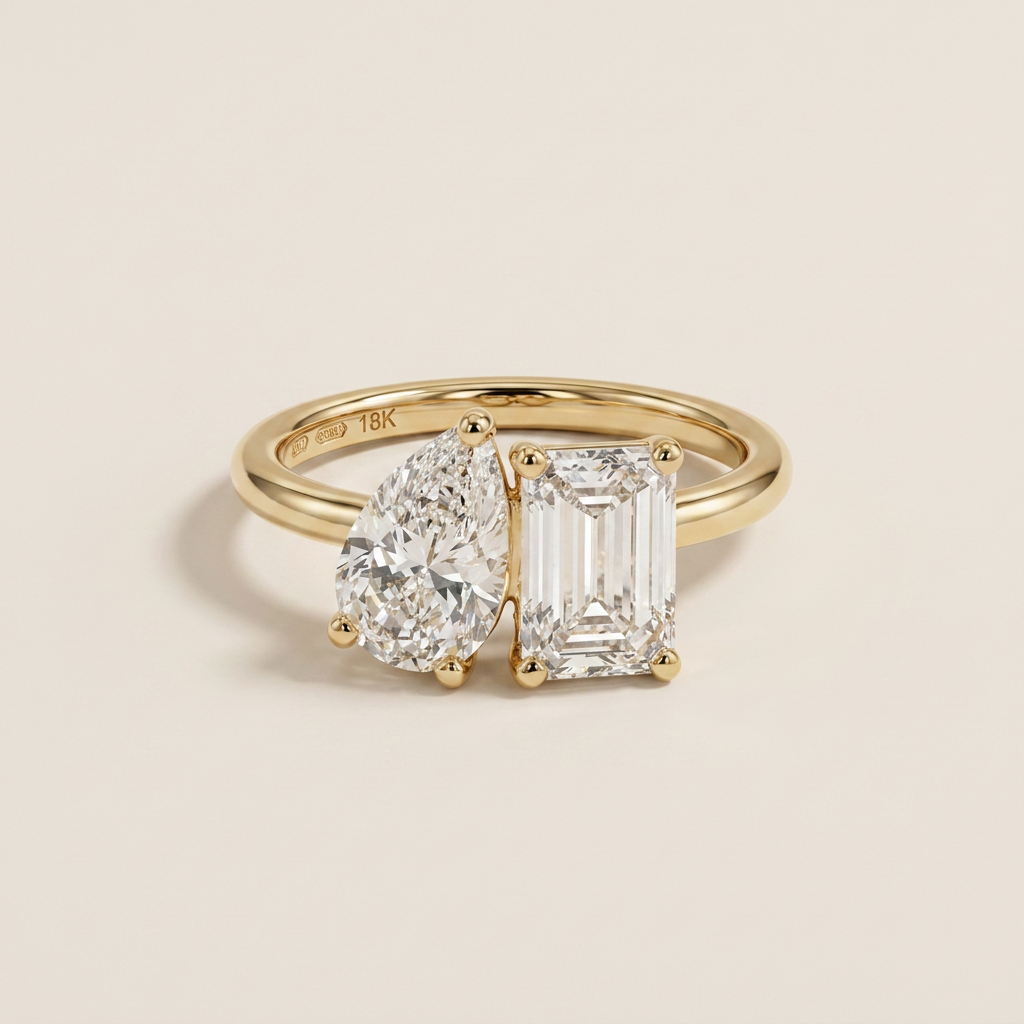 Lab Grown 2.50 CT Emerald & Pear Cut Diamond Toi Et Moi Ring