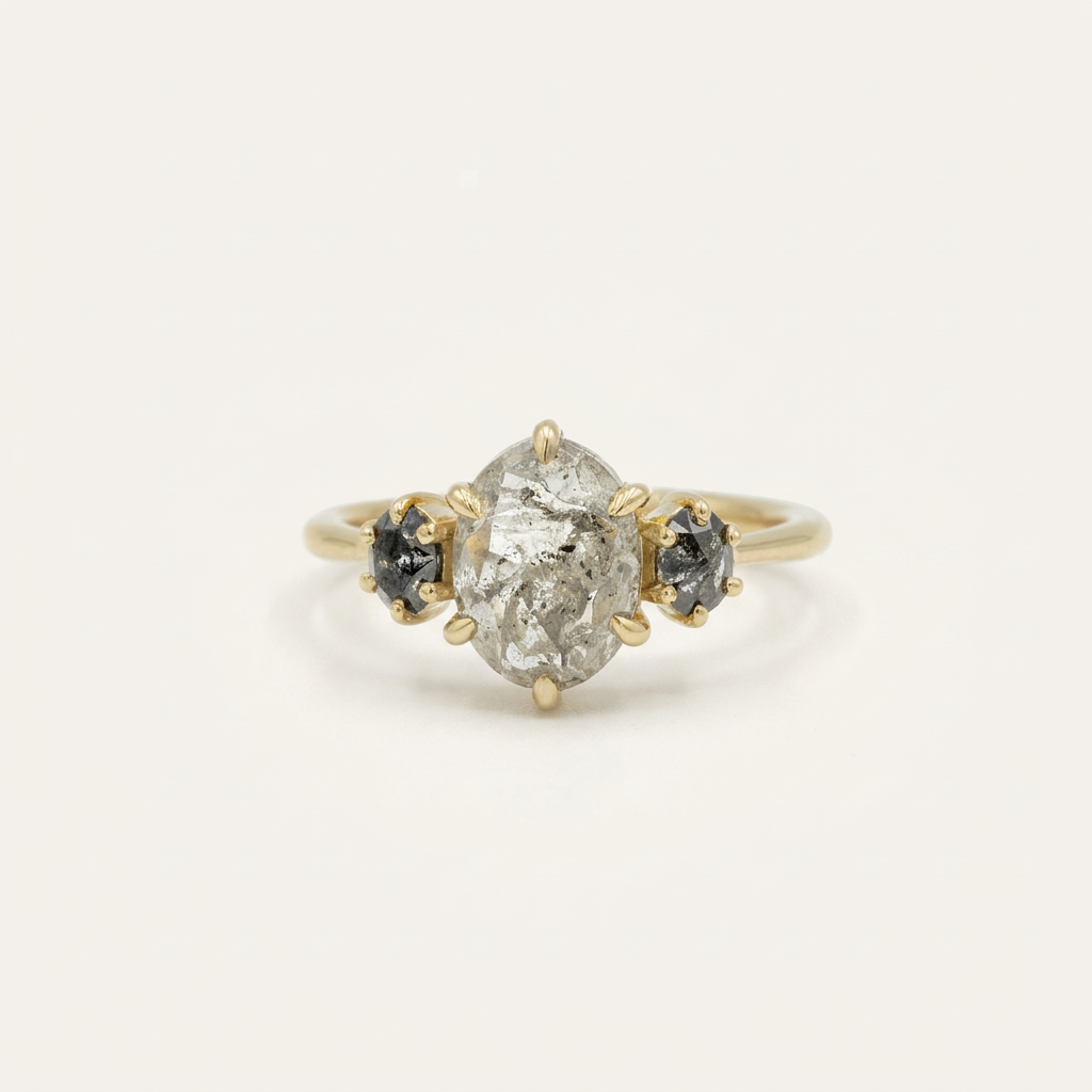 2.00 CT Oval Cut Salt and Pepper Diamond Three Stone Ring