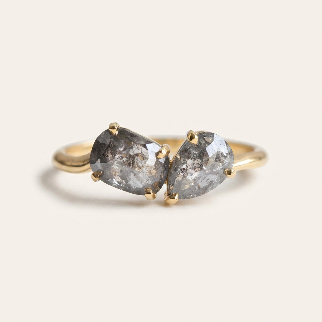 1.30 CT Pear & Cushion Cut Salt and Pepper Diamond Toi Et Moi Ring