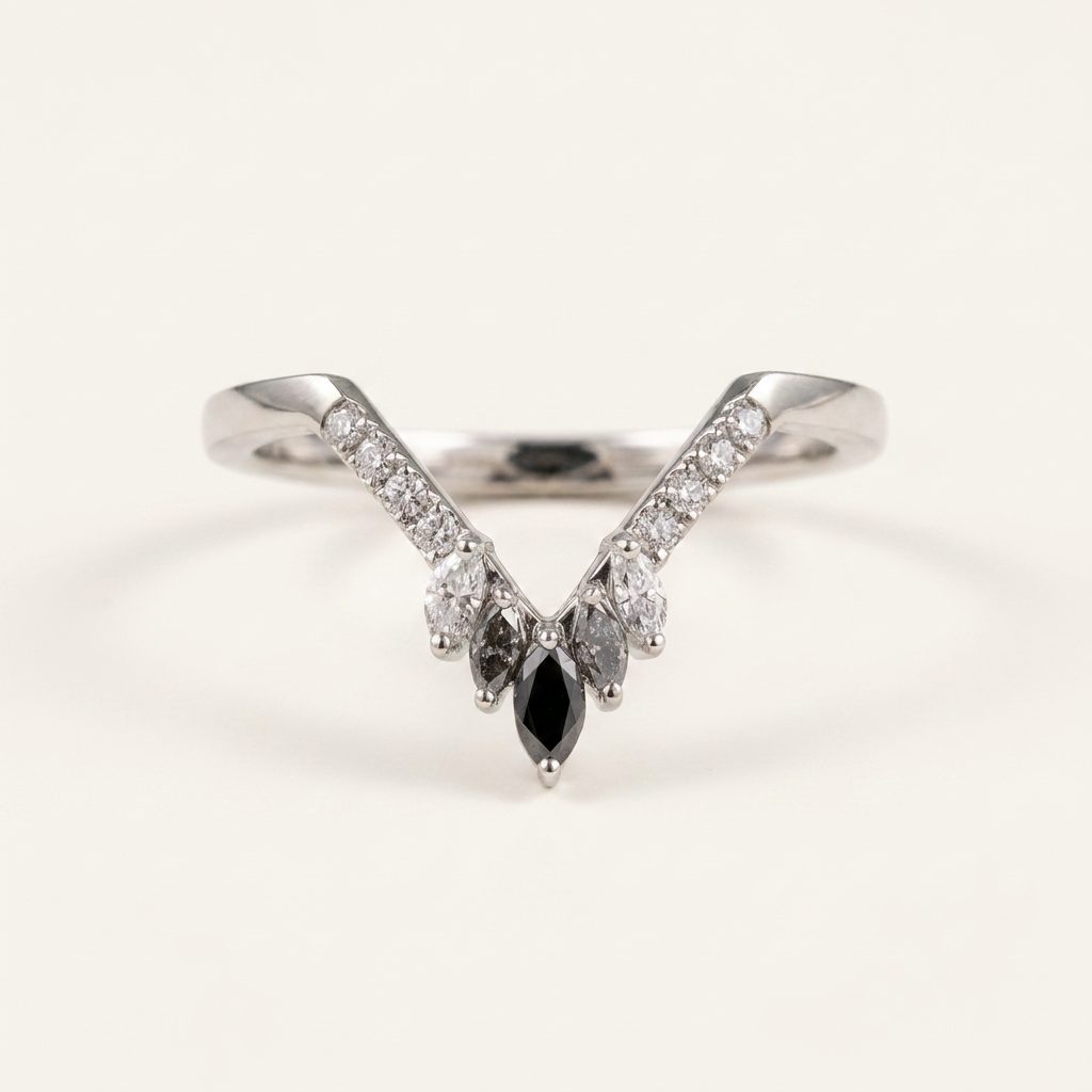 0.35 CT Marquise & Round Cut Salt and Pepper Diamond Ring