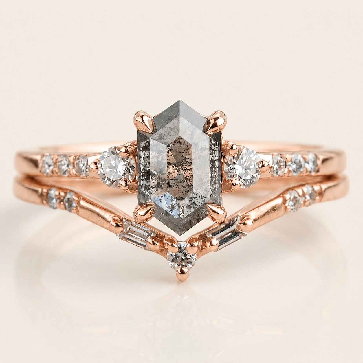 1.75 CT Hexagon & Round Cut Salt and Pepper Diamond Three Stone Ring