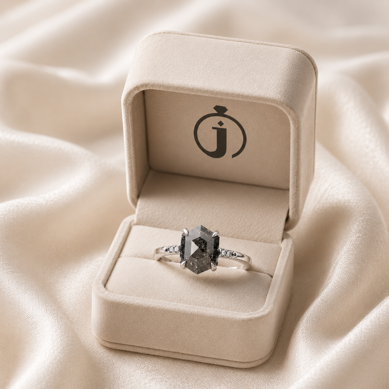 1.70 CT Hexagon & Round Cut Salt and Pepper Diamond Three Stone Ring (V2)