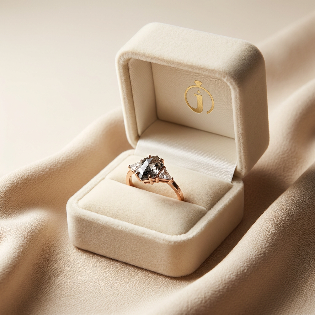 1.90 CT Hexagon & Triangle Cut Salt and Pepper Diamond Three Stone Ring