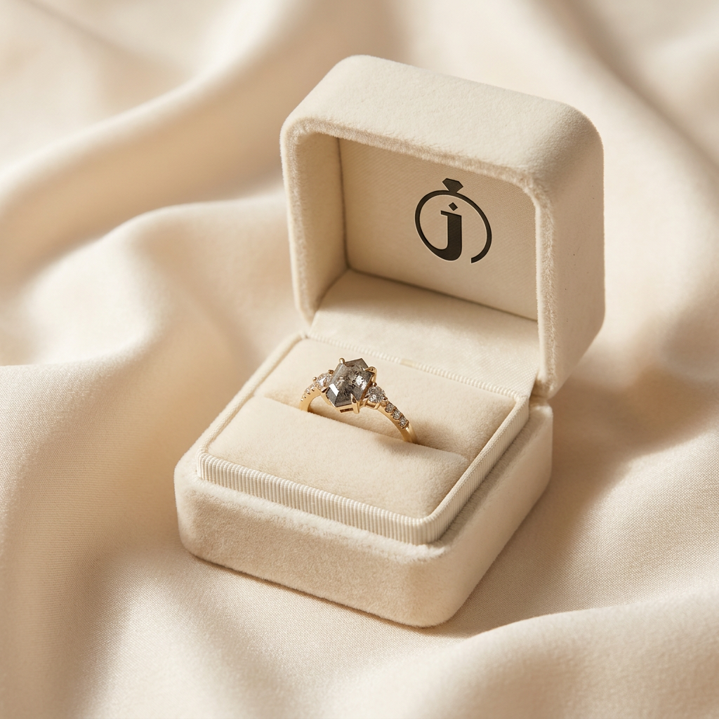 1.75 CT Hexagon & Round Cut Salt and Pepper Diamond Three Stone Ring