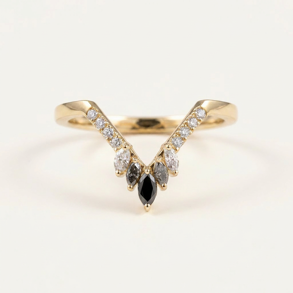 0.35 CT Marquise & Round Cut Salt and Pepper Diamond Ring