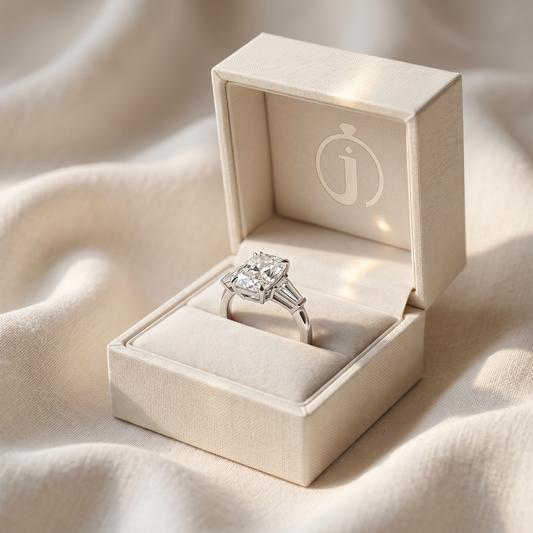 Moissanite 5.10 CT Cushion & Tapered Cut Diamond Three Stone Ring