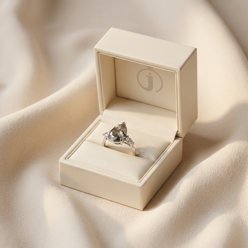 2.18 CT Pear Cut Salt and Pepper Diamond Three Stone Ring