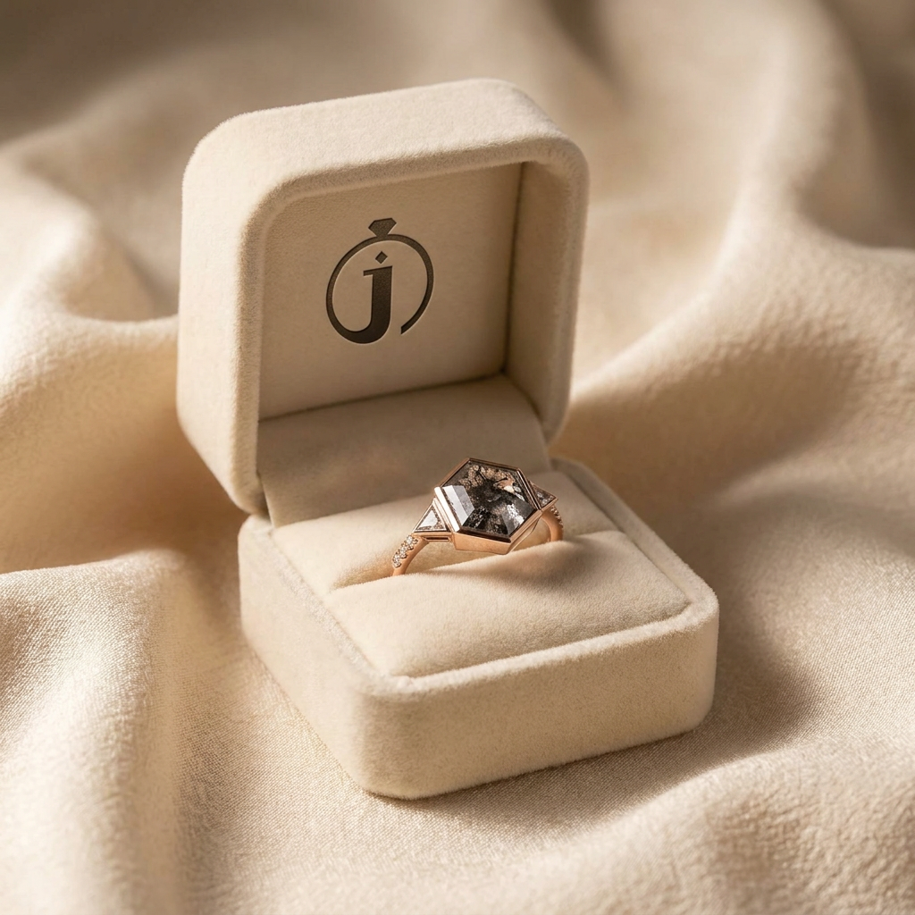 1.70 CT Hexagon & Triangle Cut Salt and Pepper Diamond Three Stone Ring