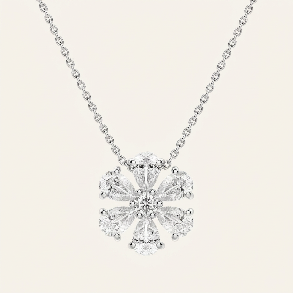 Moissanite 0.70 CT Pear & Round Cut Diamond Floral Necklace