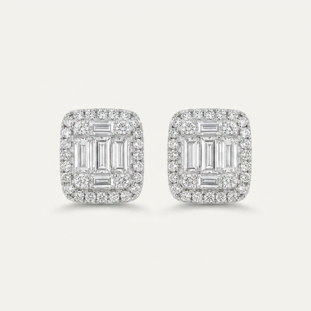Moissanite 1.22 CT Baguette & Round Cut Diamond Stud Earrings