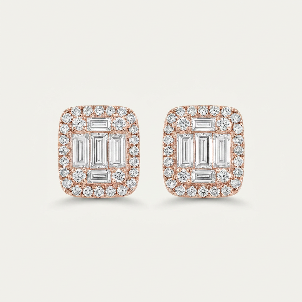 Moissanite 1.22 CT Baguette & Round Cut Diamond Stud Earrings