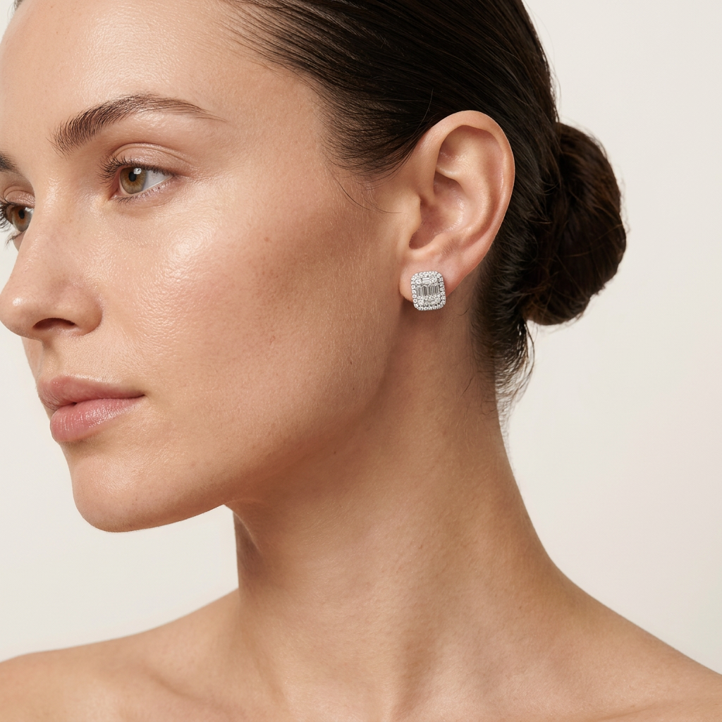 Moissanite 1.22 CT Baguette & Round Cut Diamond Stud Earrings